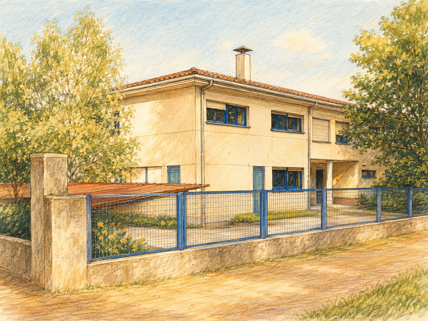Ilustración do CEIP de Marcón, coa súa fachada clara, ventás azuis e árbores arredor.